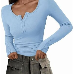 Pretty Garden, Light Blue Long Sleeve Henley Top